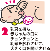 2.乳房を持ち、赤ちゃんの口にチョンチョンと乳頭を触れさせて、大きく口を開けさせる